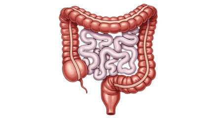 Illustration of the human colon anatomy showing the large intestine and the small intestine diagram detail on transparent background