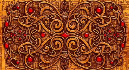 Intricate Celtic Knotwork Design with Red Gems and Golden Threads.