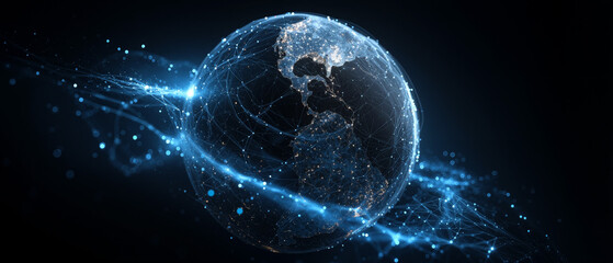 Digital AI globe surrounded by glowing connections and data streams in a dark background
