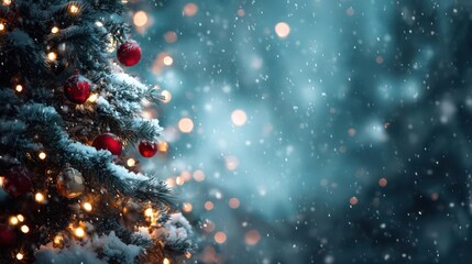 Close up of a snow covered christmas tree adorned with red ornaments and warm glowing lights during a gentle snowfall