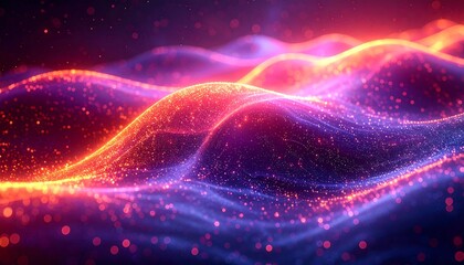 Abstract, undulating waves composed of vibrant orange and purple particles, floating in a dark space with light bursts
