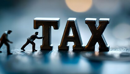 Miniature figures struggle to move large metal "TAX" letters on a textured, reflective surface.
