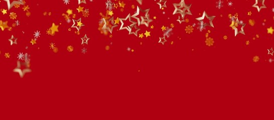 A vibrant Christmas background with golden stars and snowflakes against a red backdrop, perfect for holiday celebrations. Festive and joyful des