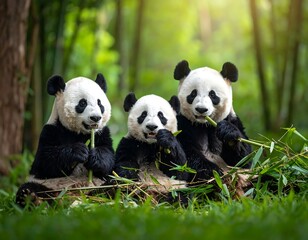 Obraz premium Three fluffy, black and white bear-like mammals enjoying bamboo