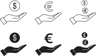 Hand holding currency vector illustration of dollar euro pound concept