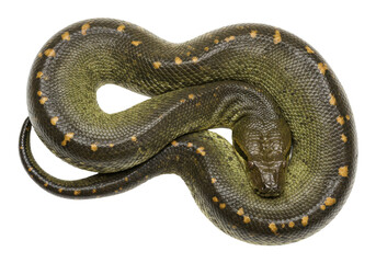 Isolated anaconda snake coiled up, ready to strike, in full view, waiting for an opportunity