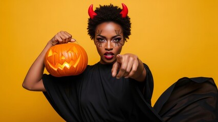 African American woman holding a jack-o-lantern and pointing, on a yellow background, dressed in a devil costume for a Halloween celebration. Banner template for holiday sale with copy space.