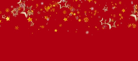 Christmas and New Year festive background with golden stars and snowflakes on a rich red backdrop. Perfect for seasonal designs, greetings and i © vegefox.com