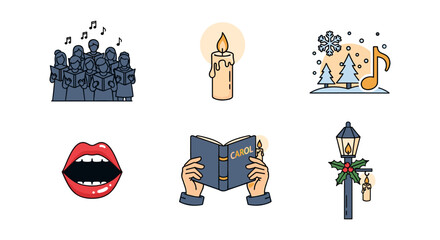 Festive christmas caroling icons: choir, candle, hymn, and holiday cheer