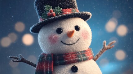 Charming snowman wearing a festive hat and scarf with blurry bokeh lights in the background