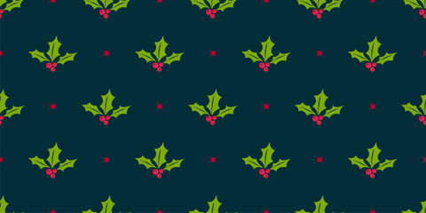 Christmas vector seamless pattern. Background with mistletoe berries, green leaves, dots, holly berry. Traditional winter holiday symbol. Elegant cute minimal texture. Repeated design for print, decor