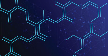 Abstract representation of molecular structures and digital network connections on a dark blue background.