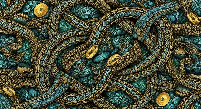 Intricate Pattern of Intertwined Snakes and Gold Coins.