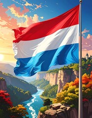 Animated image of a nation's flag waving over scenic landscape