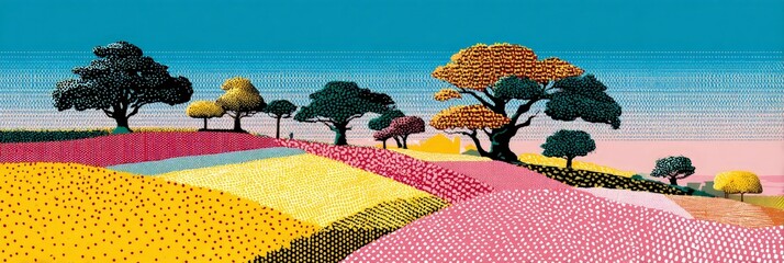 Colorful landscape of dotted fields and vibrant trees under a clear blue sky