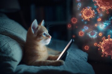 Adorable kitten finds joy in smartphone adventures. Nighttime joy. Deadly viruses don? sleep ?hey evolve, spread, and wait to strike. Infection hygiene rules. Anthropomorphic art.