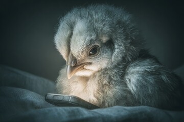Chilly night: chicken's frightening smartphone discovery. Trading crypto guide. Is crypto freedom or financial chaos for the average investor. Dark atmosphere. Risk of crypto trading.