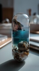 summer sea capsule on table, ocean view in capsule 
