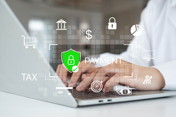 Close up of hands typing on laptop with secure payment and finance icons, symbolizing online banking, fintech, e-commerce, digital transaction, tax, financial technology, and cybersecurity.