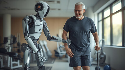 futuristic healthcare robot supporting senior in physical therapy environment