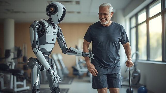 futuristic healthcare robot supporting senior in physical therapy environment