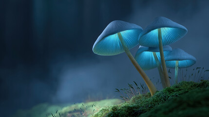 Fototapeta premium Glowing blue mushrooms illuminated in a mystical forest setting with soft ambient light