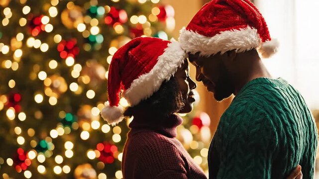 Pareja abrazándose  ambos con gorros de Santa Claus, frente a un árbol de Navidad