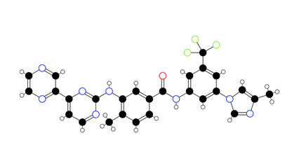 radotinib molecule, structural chemical formula, ball-and-stick model, isolated image antineoplastic agent