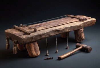 Rustic, handcrafted wooden instrument with strings and tuning pegs against a dark backdrop