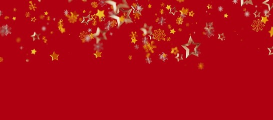 Christmas and New Year festive background with golden stars and snowflakes on a vibrant red backdrop, perfect for seasonal designs and celebrati