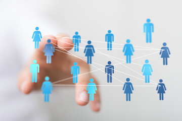 Abstract network of interconnected people with lines representing digital communication, relationships, and collaboration. Illustrates connectio