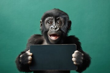 Cute studio pet idea. Isolated baby animal on a solid uniform green background. Cute baby animal gorilla hold in front paws a layout - large dark black zoo sign. Furry mascot for promo.