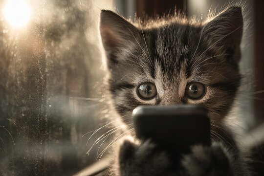 Charming kitten with smartphone: a morning delight. Kitten joy. Handling large scale data efficiently with cutting edge methods. Kitten look. Delightful kitten.