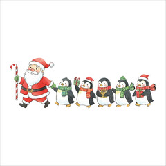 Santa Walking with Penguins Watercolor Vector Illustration on White Background
