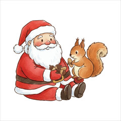 Santa with Squirrel and Gifts Watercolor Vector Illustration on White Background
