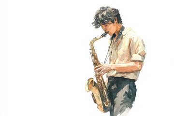 Naklejka premium Watercolor illustration of a musician playing a saxophone, isolated on white background