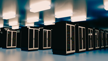 Server. Server data center. Backup, mining, hosting, mainframe, farm and computer rack with storage information. 3d rendering