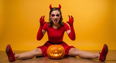 Caucasian woman holding a jack-o-lantern and sitting on the floor, on a yellow background, dressed in a devil costume for a Halloween celebration. Banner template for holiday sale with copy space.