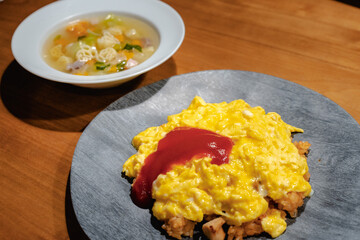 Fluffy omelet rice with soup for dinner
