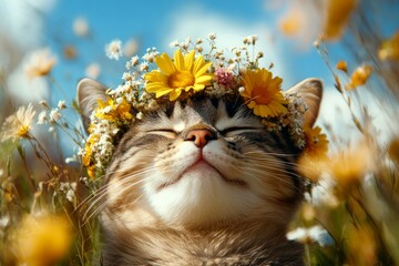 Golden sunrise. Cute adult cat scottish fold wearing feral flower circlet on its head. Summertime happiness. Cat in nature with blossoms. Outdoor happiness for kittens. Beautiful cat in bloo.