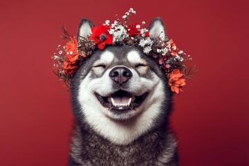 Professional studio artwork. Isolated yellow background, copy space, marketing visual idea layout. Cute baby dog leonberger wearing primal flower circlet on its head - symbol of sunny day.