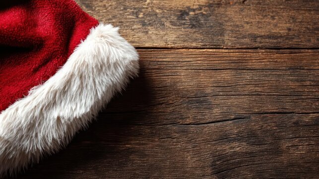 Close up of a fluffy red santa hat with white trim resting on a rustic wooden surface