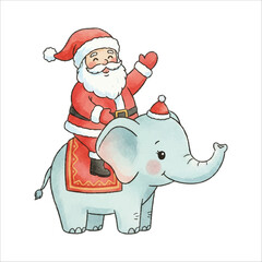 Santa Riding Elephant Watercolor Vector Illustration on White Background
