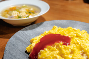 Fluffy omelet rice with soup for dinner
