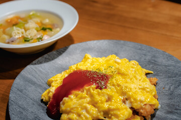 Fluffy omelet rice with soup for dinner
