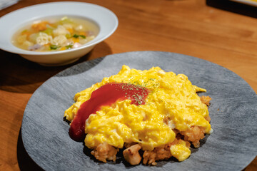 Fluffy omelet rice with soup for dinner
