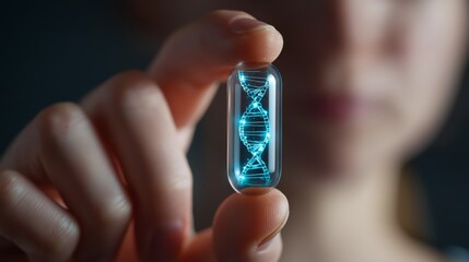 hand holding medical capsule with DNA helix inside 