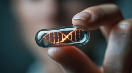 hand holding medical capsule with DNA helix inside 