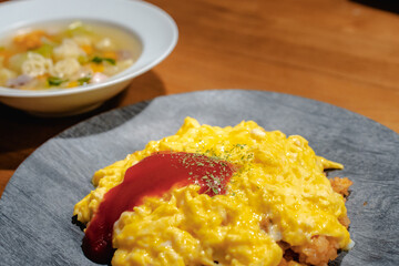 Fluffy omelet rice with soup for dinner
