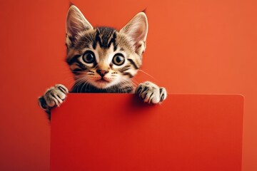 Poster with kitty. Isolated baby feline on a solid apparel bright orange background. Ð¡ute cat american bobtail hold in front paws a layout - large red road sign. Promo scene with pet.